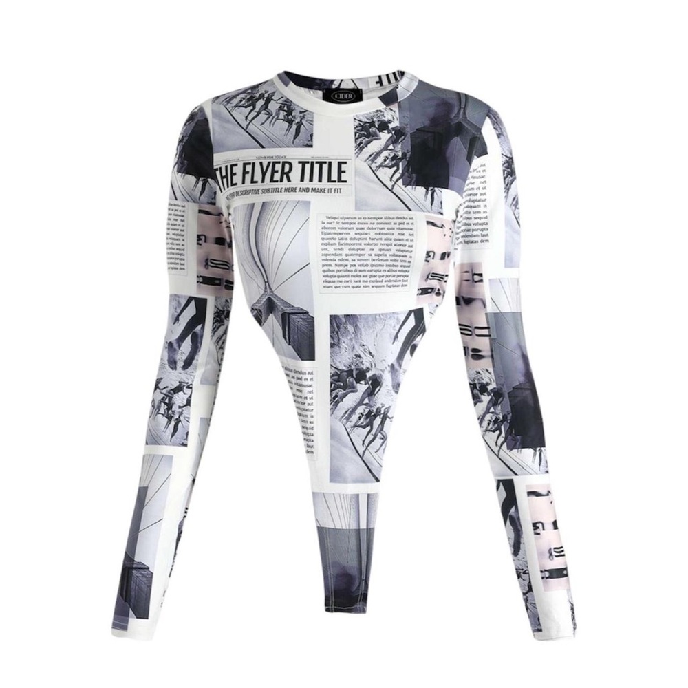 Newspaper High Cut Bodysuit in White and Gray 🤍📰